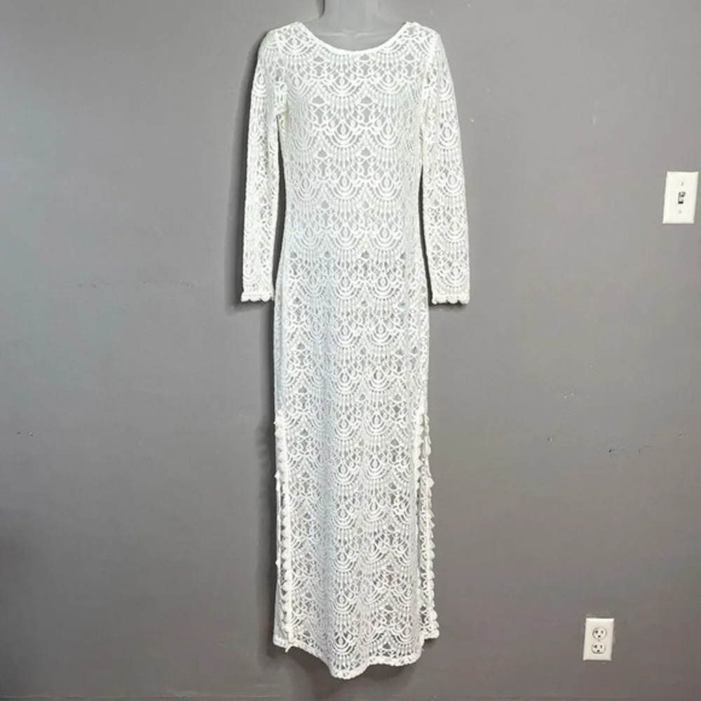 H&M Divided White Lace Sheer Maxi Dress Size 6 Long Sleeve Open Back Beach Bride